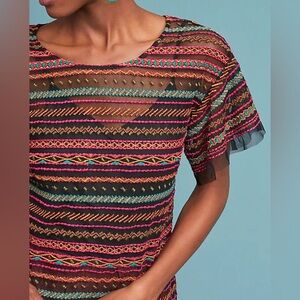 Anthropologie Maeve Naples Embroidered Mesh Blouse Multicolor Sheer Small